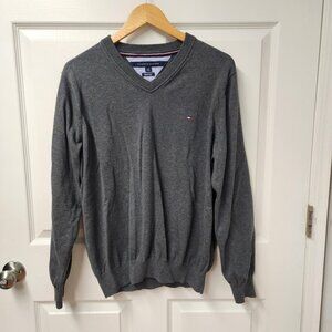 Tommy Hilfiger logo v-neck sweater dark grey mens size large pima cotton